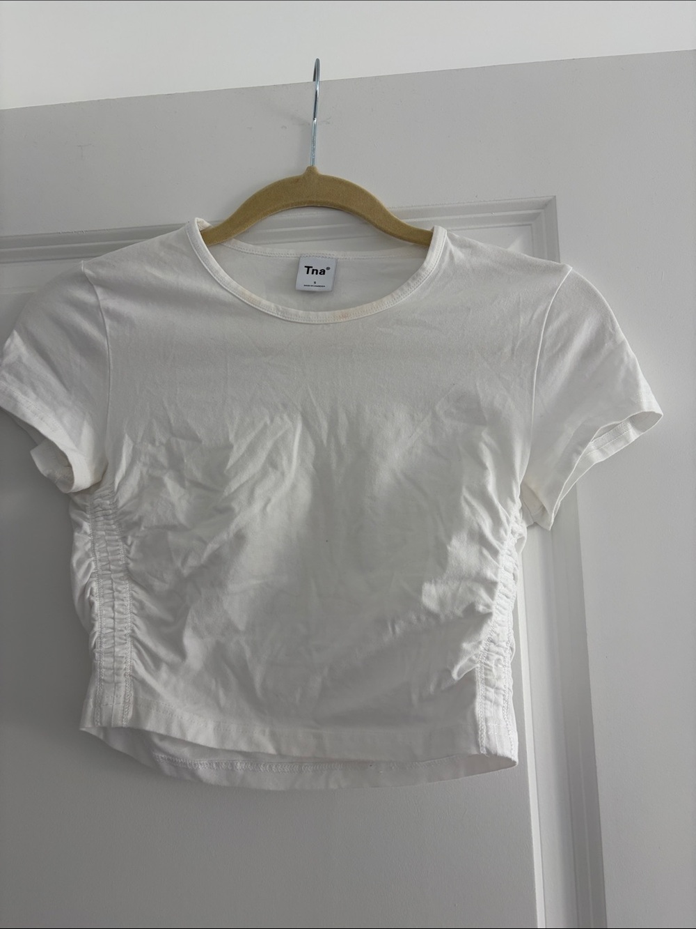 TNA White Ruched-Side Crew Tee
